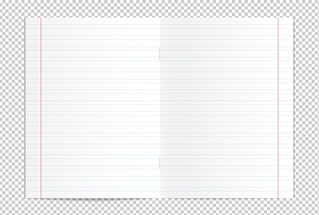 Vector illustration of realistic blank writing practice copybook spread isolated on transparent background. Lined pages for handwriting and lettering used in elementary school