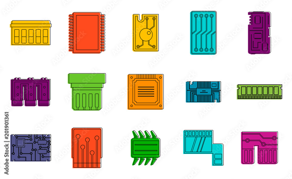 Poster chip icon set. color outline set of chip vector icons for web design isolated on white background