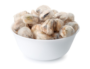 Bowl with frozen cooked mussel meat