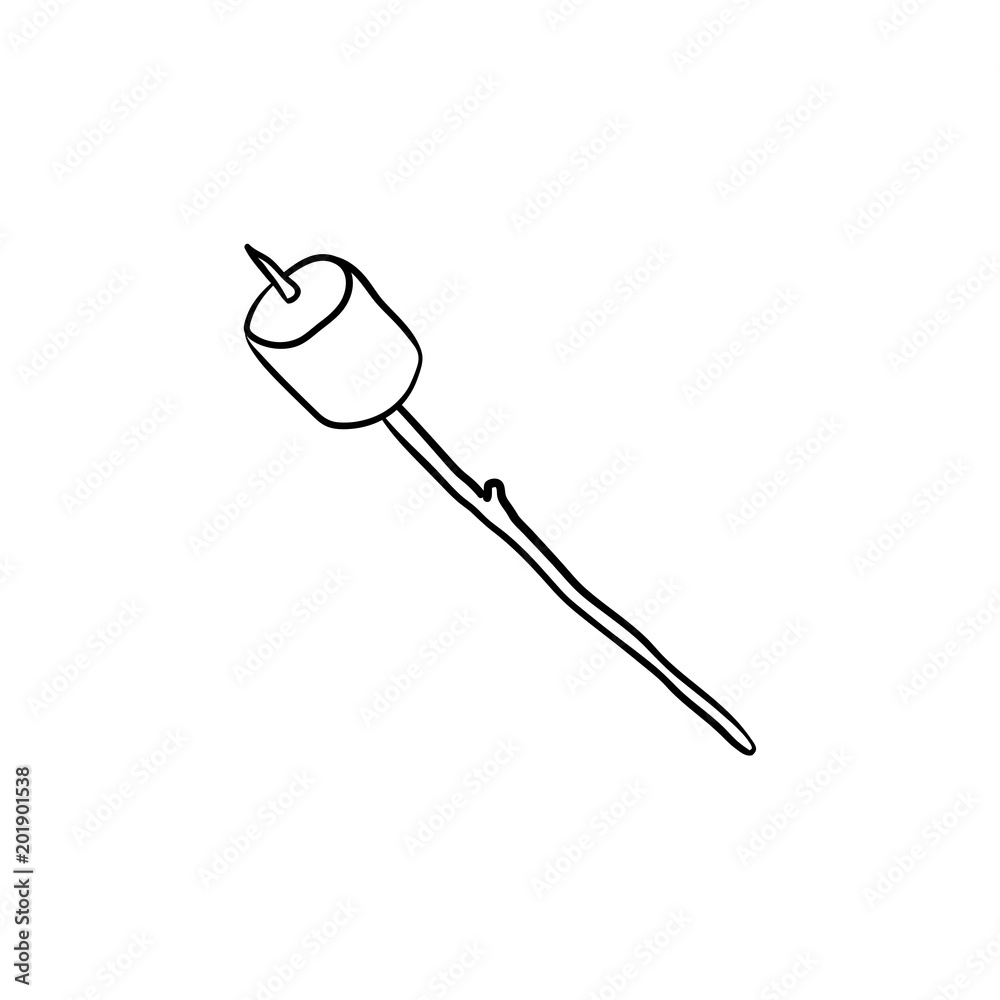 Sticker marshmallow on stick hand drawn outline doodle icon. roasting marshmallow on stick vector sketch ill