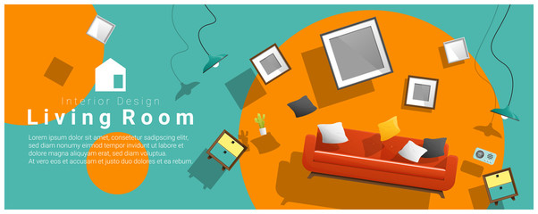 Horizontal interior banner sale with living room furniture hovering on colorful background , vector , illustration