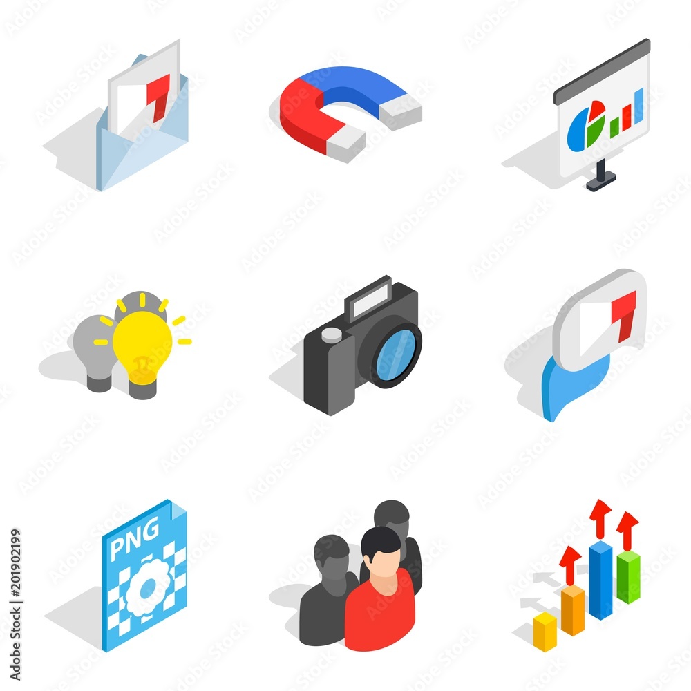Poster work on computer icons set. isometric set of 9 work on computer vector icons for web isolated on whi