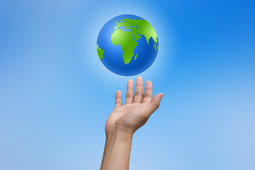man hand reaching world for save concept.