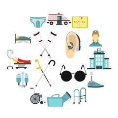 Flat disabled people care icons set. Universal disabled people care icons to use for web and mobile UI, set of basic disabled people care elements isolated vector illustration