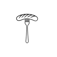 Grilled sausage on fork hand drawn outline doodle icon. Vector sketch illustration of fork with sausage for print, web, mobile and infographics isolated on white background.