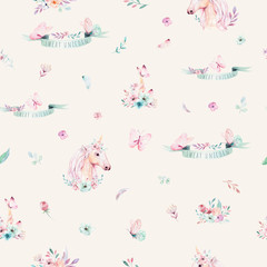 Cute watercolor unicorn seamless pattern with flowers. Nursery magic unicorn patterns. Princess rainbow texture. Trendy pink cartoon pony horse.