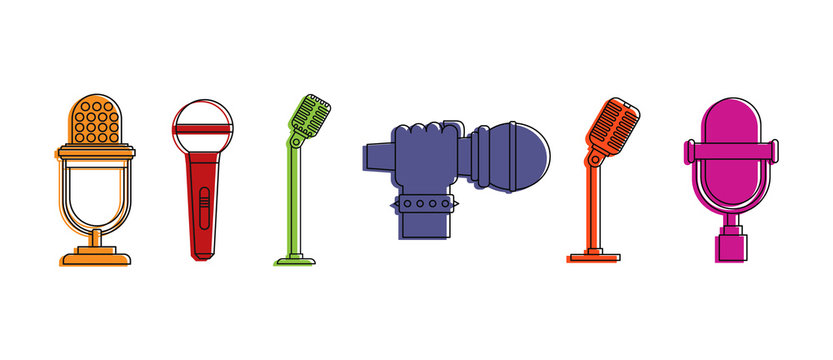 Microphone icon set. Color outline set of microphone vector icons for web design isolated on white background