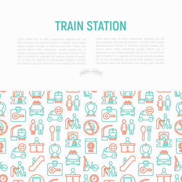 Train station concept with thin line icons: information, ticket office, toilet, taxi, metro, waiting room, luggage storage, turnstile, food court, no smoking, bicycles rent. Modern vector illustration