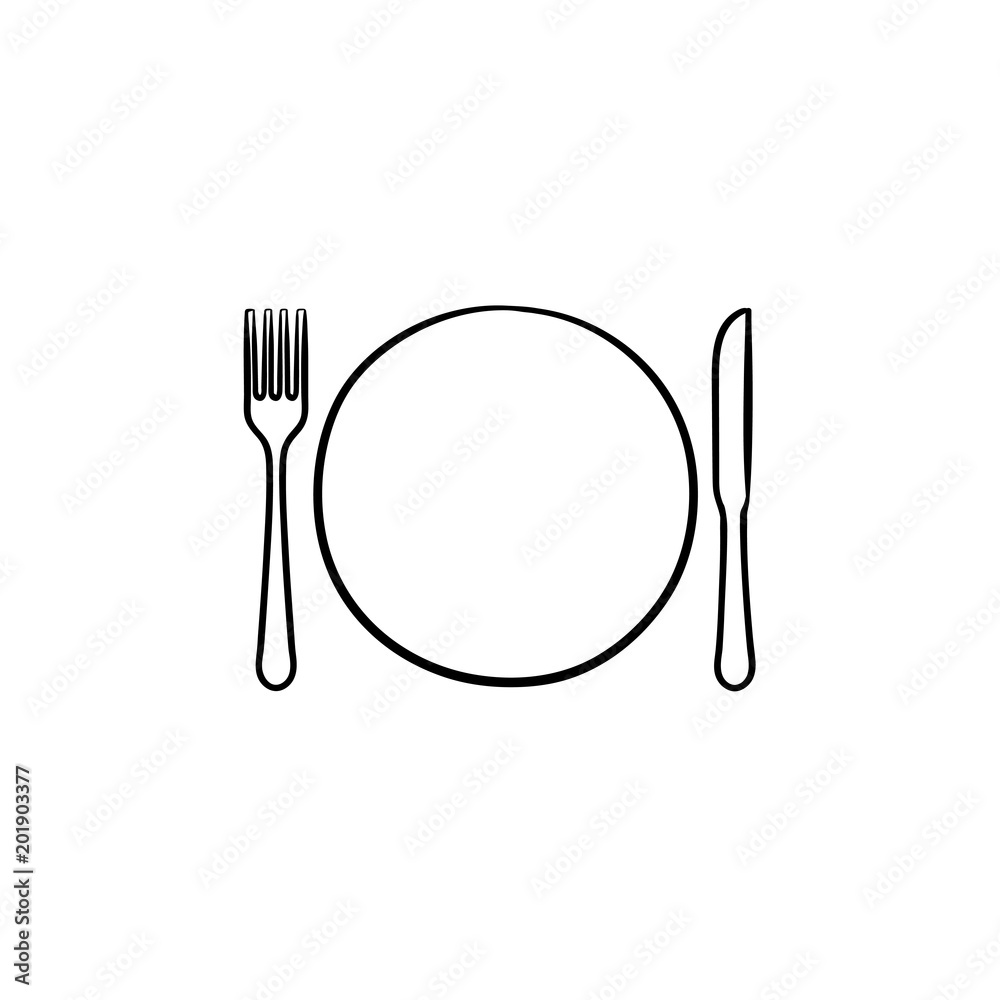 Sticker plate with fork and knife hand drawn outline doodle icon. dinnerware - plate with fork and knife vec