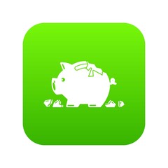 Broken piggy bank icon green vector isolated on white background