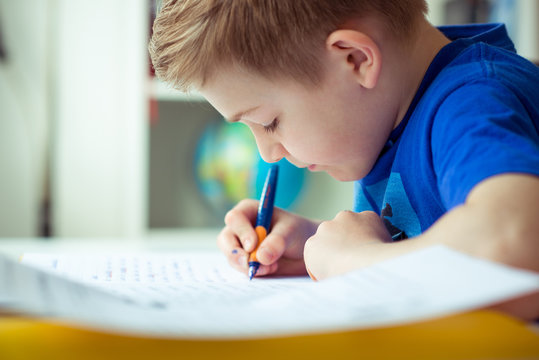 Intelligent boy makes homework in his room