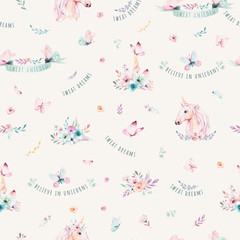 Cute watercolor unicorn seamless pattern with flowers. Nursery magic unicorn patterns. Princess rainbow texture. Trendy pink cartoon pony horse.