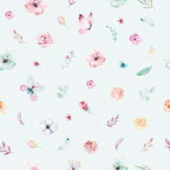 Naklejki  Ładny wzór jednorożca akwarela z kwiatami. Przedszkole magiczne wzory jednorożca. Księżniczka tęcza tekstury. Modny różowy koń kucyk kreskówka.