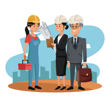 Worker with architect and businessman at construction zone cartoons vector illustration graphic design