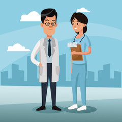 Medical teamwork at city vector illustration graphic design