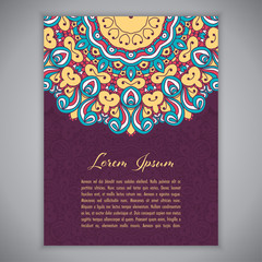 Greeting card, invitation or flyer template with ethnic mandala ornament. Hand drawn vector illustration