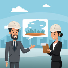 Architect and engineer talking about construction project vector illustration graphic design
