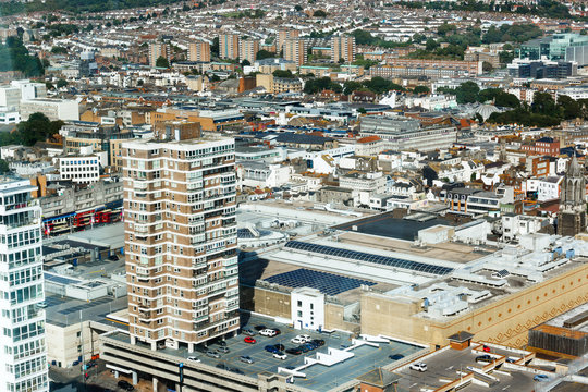 Aerial view of sunny summer Brighton. Residential and office buildings.