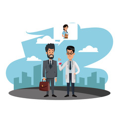 Businessman selling medicine to doctor at city vector illustration graphic design