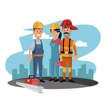Construction worker and firefighter at construction zone vector illustration graphic design