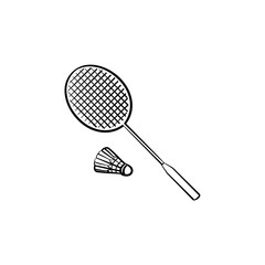 Badminton racquet and shuttlecock hand drawn outline doodle icon. Racquet and shuttlecock for badminton vector sketch illustration for print, web, mobile and infographics isolated on white background.