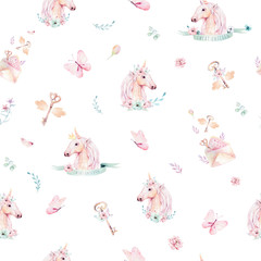 Cute watercolor unicorn seamless pattern with flowers. Nursery magic unicorn patterns. Princess rainbow texture. Trendy pink cartoon pony horse. © kris_art