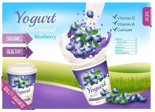 Fruit yogurt with berries advert concept. Yogurt flowing into a plastic cup with fresh blueberry. Design template. Vector.