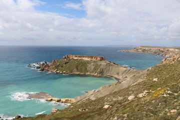 Fototapeta na wymiar View to Ghajn Tuffieha Bay and Golden Bay at the Mediterranean sea in Malta 