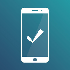 Mobile phone icon with check, approve, done or confirm sign. Vector icon. Isolated icon on gradient blue background