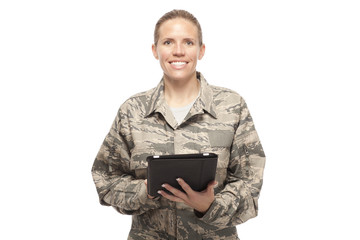 Happy female airman with digital tablet