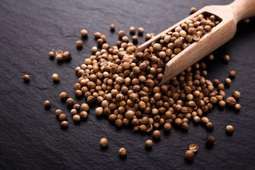 coriander seeds on a dark stone background, essential oil