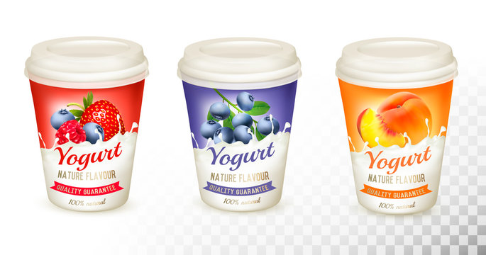 Set of yogurt with fruit and berries. Design template. Vector