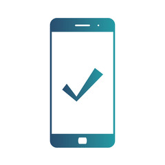 Mobile phone icon with check, approve, done or confirm sign. Vector icon. Isolated gradient blue icon on white background