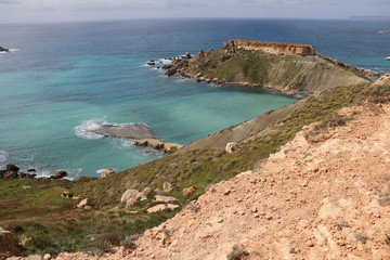 Fototapeta na wymiar Peninsula between Gnejna Bay and Ghajn Tuffieha Bay on the Mediterranean sea, Malta