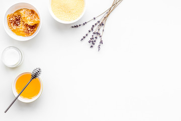 Honey as product for body, face and hair care. Cosmetics with honey. White background top view copy space