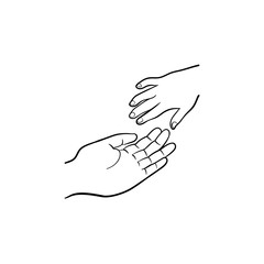 Hand of help hand drawn outline doodle icon. Child and adult hand vector sketch illustration for print, web, mobile and infographics isolated on white background.