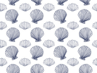 Seashells vector seamless pattern. Monochrome blue background.