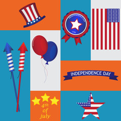 Set of USA symbols and design elements for Independence Day. White, red, blue colors