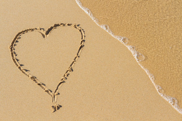 Fototapeta na wymiar Heart drawn on a sand of beach with the wave of the sea in the morning with place for your text. Summer holiday concept. Romantic love background. Valentine's Day theme. Top view. Copy space.