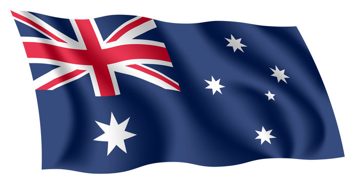 Australia flag. Isolated national flag of Australia. Waving flag of the Commonwealth of Australia. Fluttering textile australian flag.