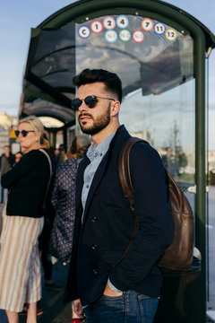 Hipster on bus station