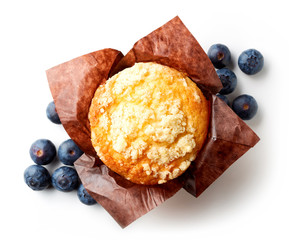 Blueberry muffin isolated on white, from above