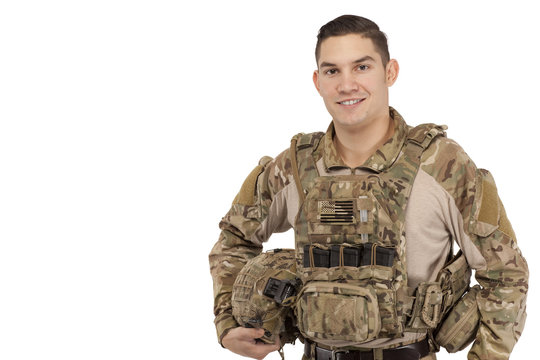Smiling soldier against white