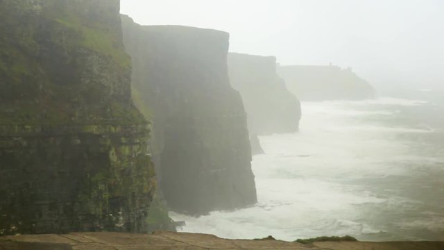A long shot of cliffs of moher in Ireland under a gloomy weather.