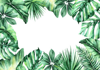Fototapeta premium watercolor illustration of tropical leaves. frame of tropical leaves. invitation to the wedding