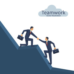 Business helping concept. Businessman helps partner to rise to top. Gives helping hand to an employee. Vector illustration flat design. Teamwork collaboration. People work together to achieve goal.