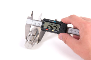 Precise measurement of metal part. Measuring with electronic digital caliper