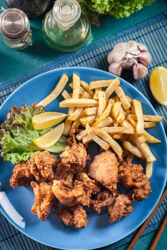 Crispy chicken karaage served with french fries