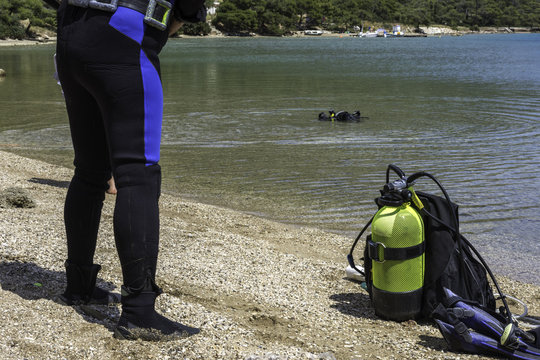 PELOPONESSE, GREECE, APRIL 21, 2018 :A group of divers preparing to clean the sea