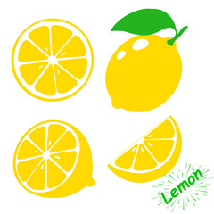 Icon lemon. Set fresh lemon fruits and slice. Isolated on white background. Vector - obrazy, fototapety, plakaty